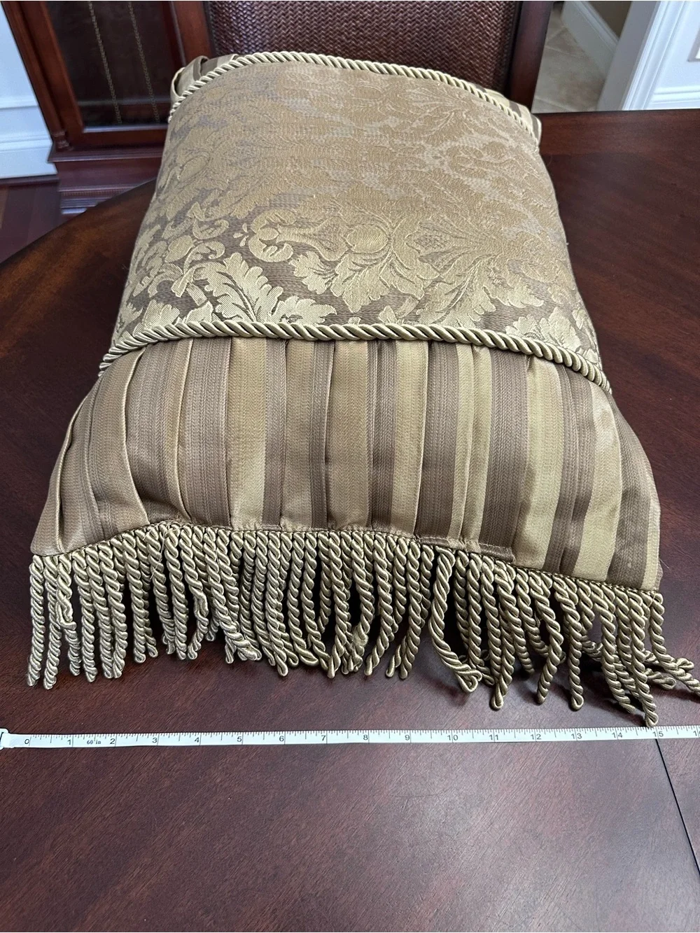 2 Vintage Style Gold Damask Ornate Regency Throw Pillows Fringe Tufted Square